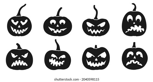 Halloween pumpkin icon set with cute faces. Scary, funny, happy and smile pumpkin face collection. Vector illustration.