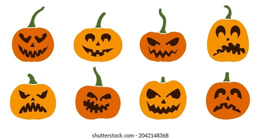 Halloween Kürbissymbol mit süßen Gesichtern gesetzt. Gruselige, lustige, fröhliche und lächelnde Kürbisgesichtskollektion. Vektorgrafik.