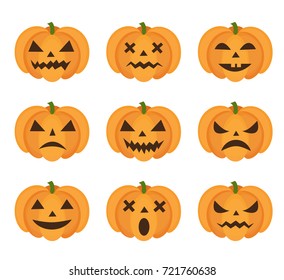 Halloween pumpkin icon set with emoji. Scary emoticons pumpkins collection. Isolated on white background. Vector illustration, clip-art