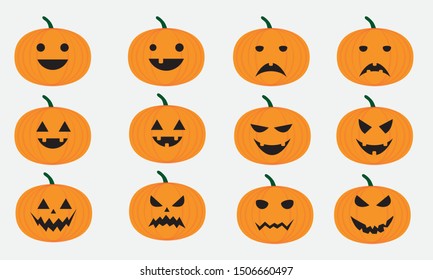 Halloween pumpkin icon set, funny faces, emotion variation. Simple Halloween pumpkin icon. Simple flat style design elements. Vector illustration.