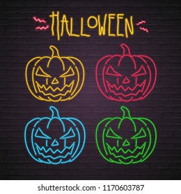 Halloween Pumpkin Icon Set Neon Light Glowing Vector Illustration Different Color Bright
