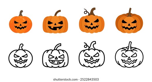 Conjunto de iconos de calabaza de Halloween. Colección de Ilustración vectorial de calabaza de cara de miedo. Divertido símbolo de cara de Halloween. Decoración de vacaciones naranja. Caricatura sonriente personaje malvado aislado arte de Clip.