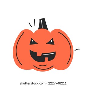 Halloween pumpkin icon. Terrible expression on face of symbol of holiday of fear. Poster or banner for website. Fantasy and imagination, mysticism. Scary character. Cartoon flat vector illustration