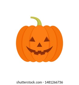 Halloween pumpkin icon. Vector. Autumn symbol. Flat design. Halloween scary pumpkin with smile, happy face. Orange squash silhouette isolated on white background. Cartoon colorful illustration.