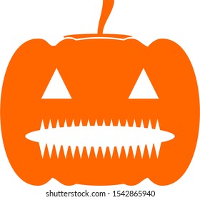 Halloween pumpkin icon. Vector. Autumn symbol. Flat design. Halloween scary pumpkin with smile, happy face. Orange squash silhouette isolated on white background. Cartoon colorful illustration.