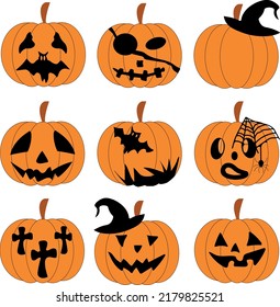 Halloween pumpkin icon. Vector. Autumn symbol. Flat design. Halloween scary pumpkin with smile, happy face. Orange squash silhouette isolated on white background. Cartoon colorful illustration.