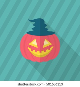Halloween pumpkin icon, Vector flat long shadow design. Halloween concept.
