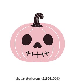 ícono de calabaza de halloween, ilustración vectorial de calabaza rosa con una sonrisa linda aislada en fondo blanco, ilustración colorida de dibujos animados en estilo plano