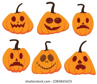 Halloween pumpkin icon. Vector. Halloween scary pumpkins with smile, happy and sad face. Autumn symbol. Orange squash silhouette isolated on white background. Flat design. Cartoon colorful illustratio