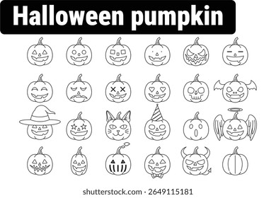 Halloween pumpkin icons in black and white outline style. Featuring various carved faces, emotions, characters, and spooky expressions. Ideal for Halloween decorations
