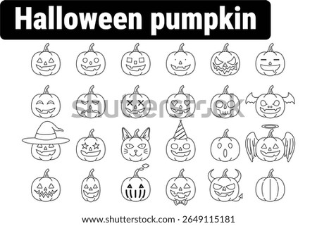 Halloween pumpkin icons in black and white outline style. Featuring various carved faces, emotions, characters, and spooky expressions. Ideal for Halloween decorations