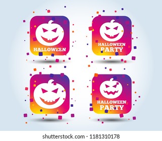 Halloween pumpkin icons. Halloween party sign symbol. All Hallows Day celebration. Colour gradient square buttons. Flat design concept. Vector