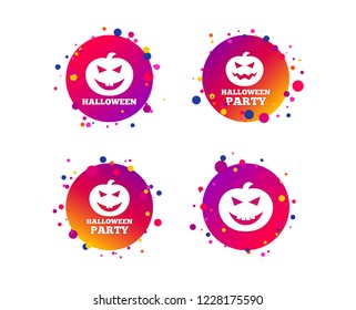 Halloween pumpkin icons. Halloween party sign symbol. All Hallows Day celebration. Gradient circle buttons with icons. Random dots design. Vector
