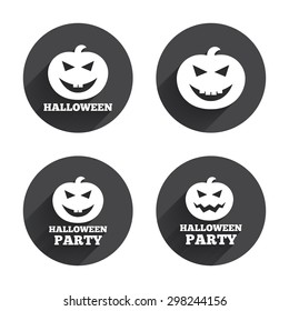 Halloween pumpkin icons. Halloween party sign symbol. All Hallows Day celebration. Circles buttons with long flat shadow. Vector