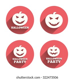 Halloween pumpkin icons. Halloween party sign symbol. All Hallows Day celebration. Pink circles flat buttons with shadow. Vector