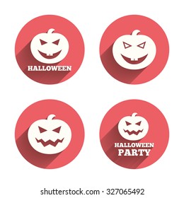 Halloween pumpkin icons. Halloween party sign symbol. All Hallows Day celebration. Pink circles flat buttons with shadow. Vector