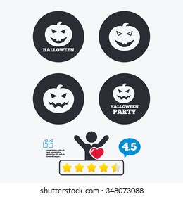 Halloween pumpkin icons. Halloween party sign symbol. All Hallows Day celebration. Star vote ranking. Client like and think bubble. Quotes with message.