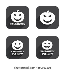 Halloween pumpkin icons. Halloween party sign symbol. All Hallows Day celebration. Square flat buttons with long shadow.