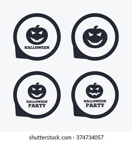Halloween pumpkin icons. Halloween party sign symbol. All Hallows Day celebration. Flat icon pointers.