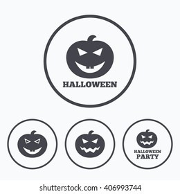 Halloween pumpkin icons. Halloween party sign symbol. All Hallows Day celebration. Icons in circles.