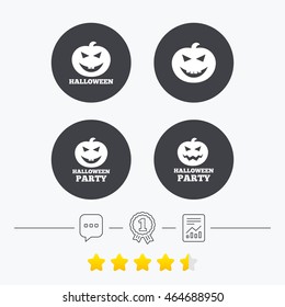 Halloween pumpkin icons. Halloween party sign symbol. All Hallows Day celebration. Chat, award medal and report linear icons. Star vote ranking. Vector
