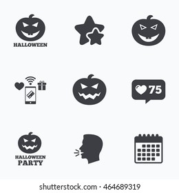 Halloween pumpkin icons. Halloween party sign symbol. All Hallows Day celebration. Flat talking head, calendar icons. Stars, like counter icons. Vector