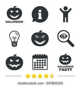 Halloween pumpkin icons. Halloween party sign symbol. All Hallows Day celebration. Information, light bulb and calendar icons. Investigate magnifier. Vector