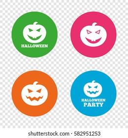 Halloween pumpkin icons. Halloween party sign symbol. All Hallows Day celebration. Round buttons on transparent background. Vector