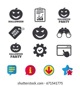 Halloween pumpkin icons. Halloween party sign symbol. All Hallows Day celebration. Browser window, Report and Service signs. Binoculars, Information and Download icons. Stars and Chat. Vector