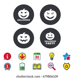 Halloween pumpkin icons. Halloween party sign symbol. All Hallows Day celebration. Calendar, Information and Download signs. Stars, Award and Book icons. Light bulb, Shield and Search. Vector