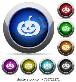 Halloween pumpkin icons in round glossy buttons with steel frames