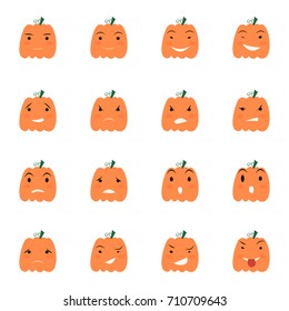 Halloween pumpkin icons set, Emotion Variation. Simple flat style design elements. Set of silhouette spooky horror images of pumpkins.
