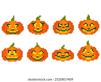 Ícones de abóbora de Halloween definidos no estilo pixel art. 8 bits retro gráfico pixel abóboras com faces assustadoras esculpidas. Jack-o-lantern design para aplicativos, banners e cartazes. Ilustração vetorial