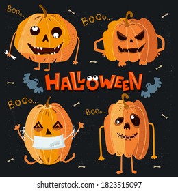 Halloween pumpkin icons set. Pumpkins with different emotions. Decor for October horror party invitation.