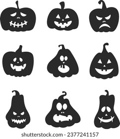 Halloween pumpkin icons set. Silhouettes of festive pumpkins.  Faces of monsters. Vector design elements for banners, , posters invitations and postcards. 