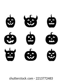 Halloween pumpkin icons set. Vintage funny pumpkins isolated on white background. Munster face. Happy Halloween vector. Perfect for coloring book, textiles, icon, web, painting, books, t-shirt print.