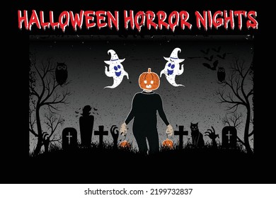Halloween Pumpkin illustration with dark castle cemetery crosses, dead trees, and bats Background