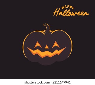 Halloween pumpkin illustration. Funny Jack O Lantern glowing from inside. Flat design on dark background.