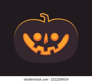 Halloween pumpkin illustration. Funny Jack O Lantern glowing from inside. Flat design on dark background.