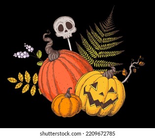 Halloween Pumpkin illustration. Hand drawn vector illustration. Jack o Lantern. Autumn bouquet. Vintage design for the holiday Halloween. Design elements
