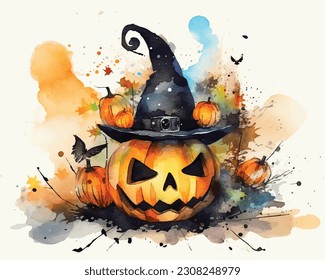 Halloween Pumpkin illustration. Hand drawn vector illustration. Jack o Lantern. Raven sitting on Halloween pumpkin. Vintage design for the holiday Halloween. Design elements Vector Halloween Pumpkin.