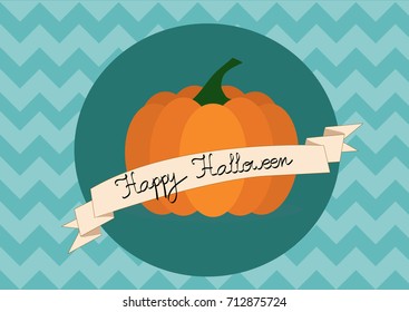 Halloween Pumpkin Illustration on zig zag blue background.