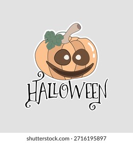 Ilustração de abóbora de Halloween. Adesivo vetor assustador com sorridente jack-o-lantern e texto encaracolado, ideal para convites de festa, bolsas de truque ou gráficos de horror sazonal