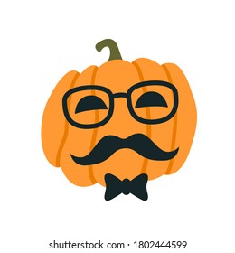 Halloween Pumpkin in the image of a hipster with glasses and mustache. Vector illustration on white background