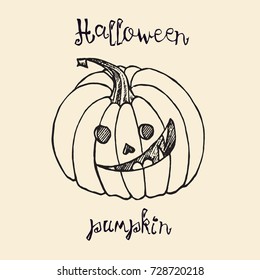 Halloween pumpkin with inscription, woodcut style design, hand drawn doodle, sketch in pop art style, isolated black and white vector illustration