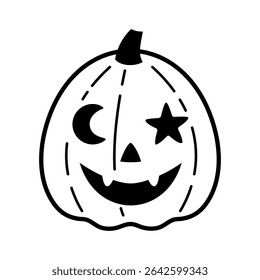 Halloween pumpkin isolated black and white doodle. Autumn, Halloween character hand drawn vector illustration in flat style	
