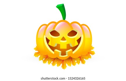 Halloween pumpkin isolated on autumn leaves, vector art illustration.