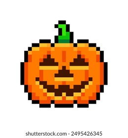 Halloween pumpkin isolated on transparent background. Orange pumpkin with smile. Jack o lantern icon. Vector pixel art illustration in 16 bit old style.