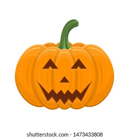 Halloween pumpkin isolated on white background. Cartoon orange pumpkin with smile, funny face. The main symbol of the Halloween, autumn holidays. Vector illustration for any design.