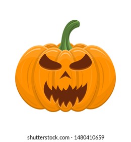 Halloween pumpkin isolated on white background. Cartoon orange pumpkin with smile, funny face. The main symbol of the Halloween, autumn holidays. Vector illustration for any design.